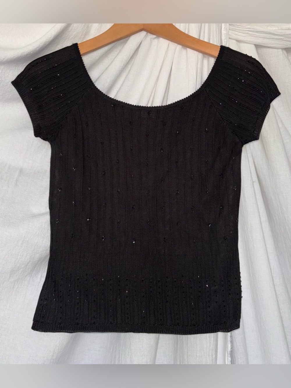 Vintage Y2K/90’s Laundry By Shelli Segal Black Beaded Ribbed Knit Top